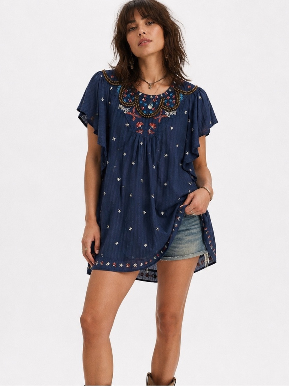 Anthropologie Embroidered Flutter Sleeve Boho Tunic Dress Navy XS